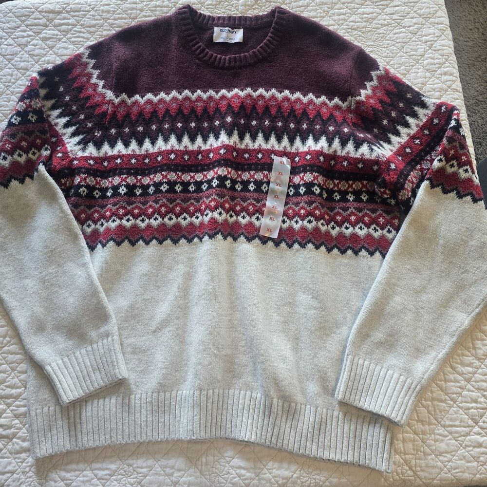 Old Navy Fair Isle Knit Sweater Pullover Mens XL Red Burgundy Wool Blend Cozy